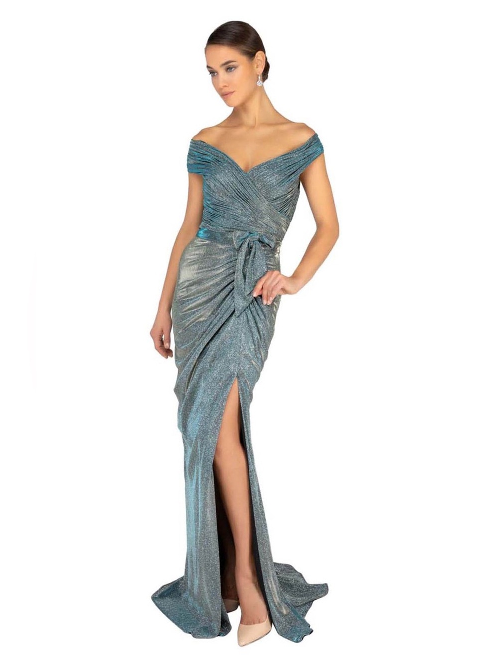 Off-Shoulder Teal Metallic Evening Gown with Front Slit from Terani Couture